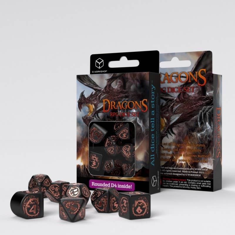 Set di dadi moderni Dragons nero e rame