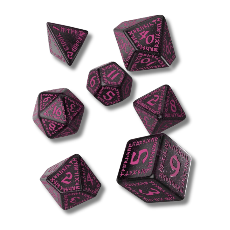 Set di dadi runici neri scintillanti con incisioni magenta Q-WORKSHOP