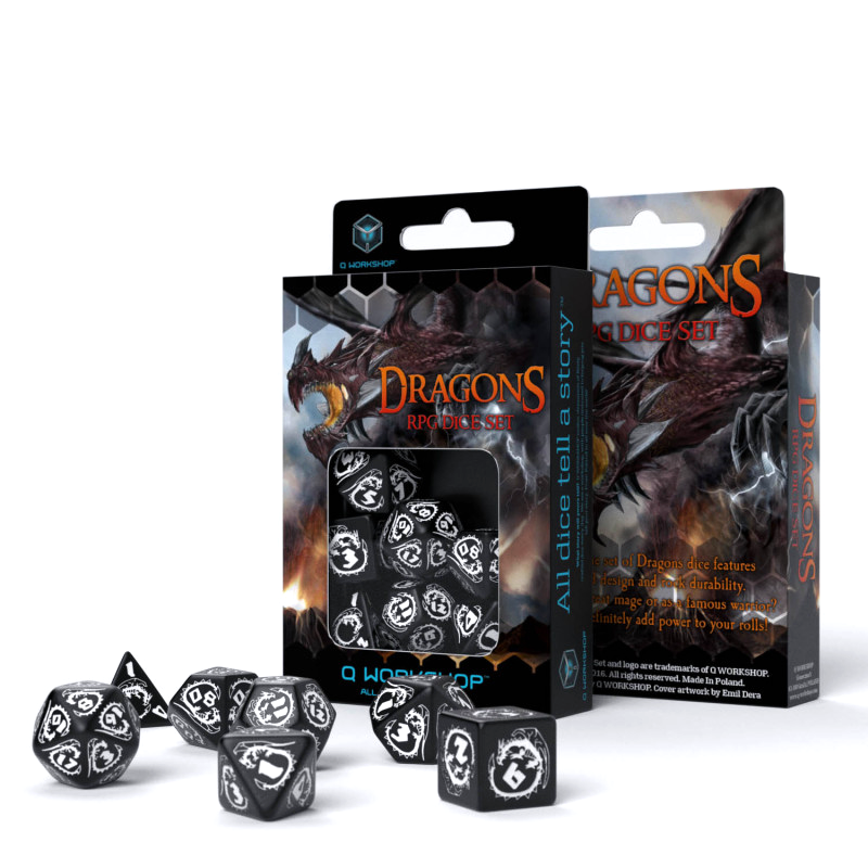 Set di dadi RPG Dragons nero e bianco