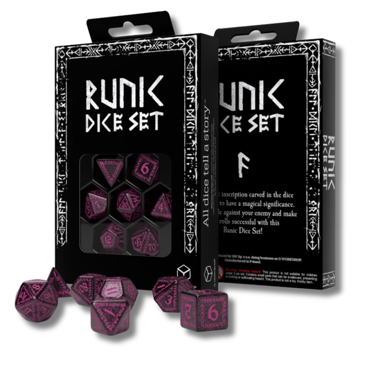Set di dadi runici neri scintillanti con incisioni magenta Q-WORKSHOP